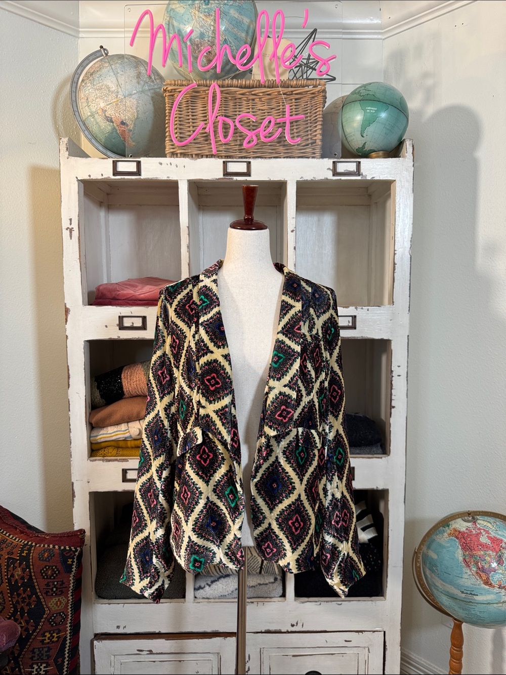 Chaser Multicolor Diamond Velvet  Blazer - Cream, Black, Teal, Pink
